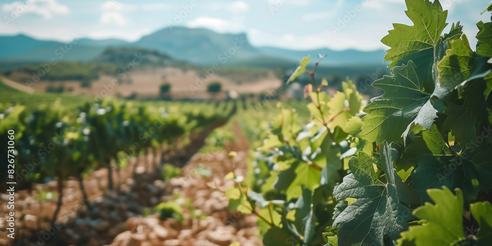 Summer landscape of a vineyard with green grape bushes and mountains on the horizon Summer landscape of a vineyard with green grape bushes and mountains on the horizon