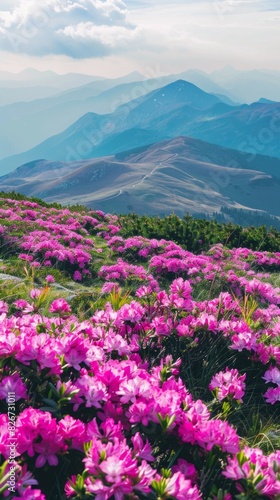 A beautiful mountain landscape with a field of pink flowers