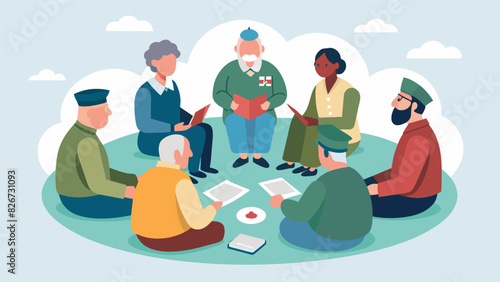 A small group of veterans sit in a circle sharing stories and experiences as they create collages that represent their individual journeys.. Vector illustration