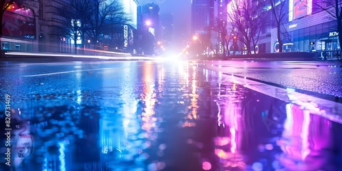 Transforming the urban landscape: Neon signs reflecting on wet road in a colorful spectrum. Concept Urban Landscapes, Neon Signs, Reflections, Colorful Spectrum, Wet Road