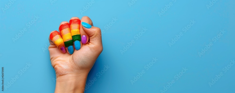 person holding a raised fist in a symbol of strength and resilience, with the pride flag painted on their fingernails person holding a raised fist in a symbol of strength and resilience, with the pride flag painted on their fingernails
