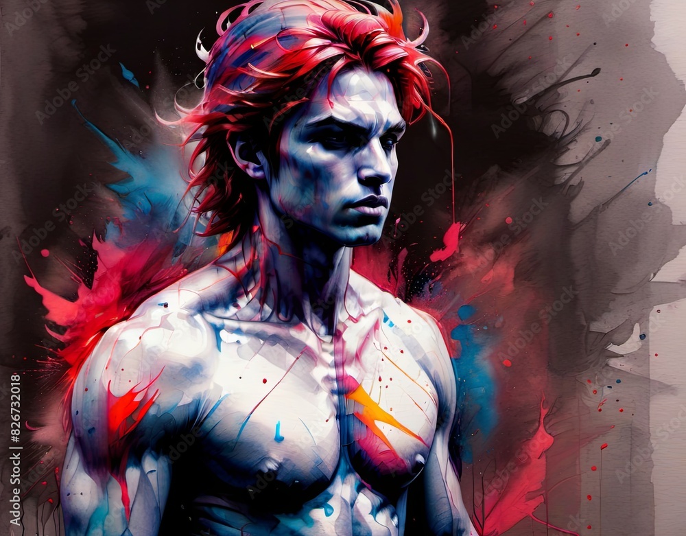 The artwork depicts a redhaired man without a shirt The artwork depicts a redhaired man without a shirt