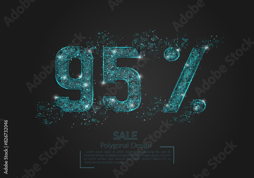 Abstract isolated blue 95 percent sale concept. Polygonal illustration looks like stars in the black night sky in space or flying glass shards. Digital design for website, web, internet.