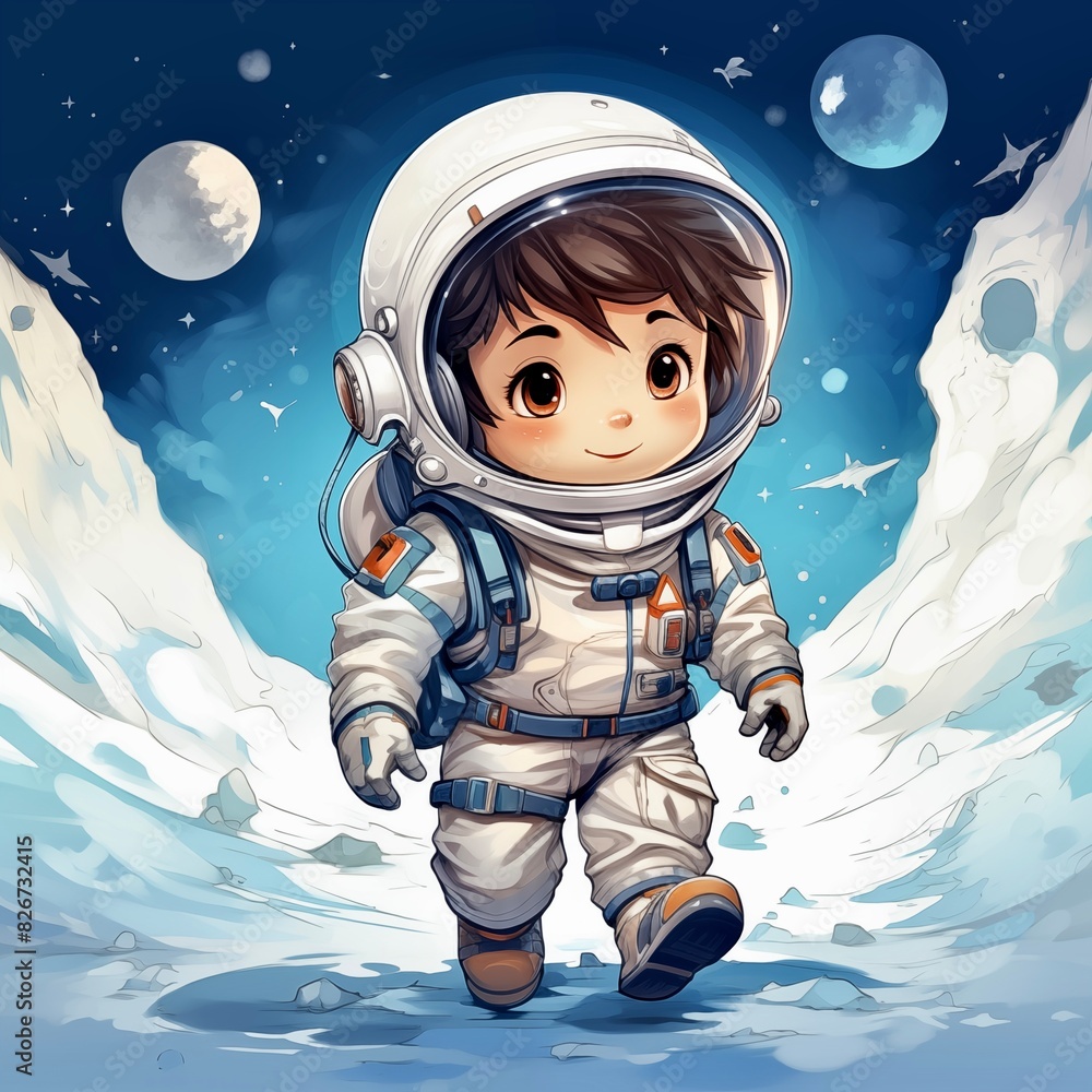 chibi children illustration, cute colorful drawing of the little astronaut on the moon chibi children illustration, cute colorful drawing of the little astronaut on the moon