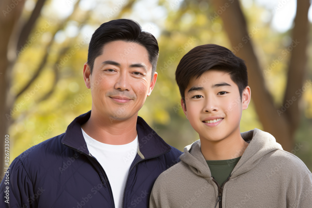 Father and Teenage Son Smiling Together Outdoors in a Park Father and Teenage Son Smiling Together Outdoors in a Park