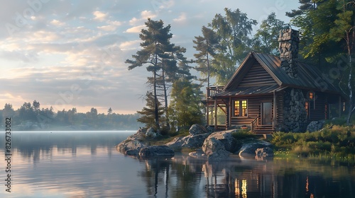 Natural beauty of a lakeside cabin with a stone chimney photo