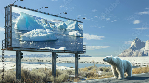 Polar bear stands beside a road with a billboard displaying icebergs, highlighting climate change photo