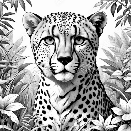 Black and White Cheetah Coloring Illustration for Kids