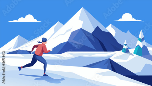 A snowy mountain with glistening white snow and a crisp breeze the runner feeling the crunch of snow under their feet as they traverse the VR. Vector illustration