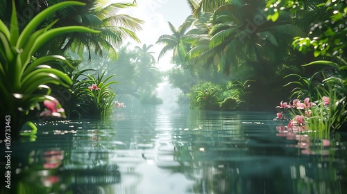 Natural beauty of a lagoon surrounded by tropical plants