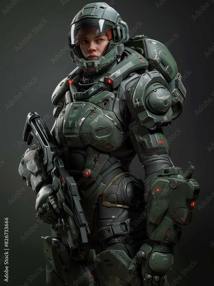 female space soldier standing in her impressive green power suit, visor open, holding a automatic weapon, 3:4 female space soldier standing in her impressive green power suit, visor open, holding a automatic weapon, 3:4