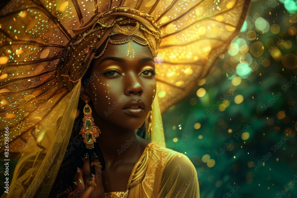 Stunning portrait of an african woman adorned in a golden headdress and jewelry, exuding elegance Stunning portrait of an african woman adorned in a golden headdress and jewelry, exuding elegance