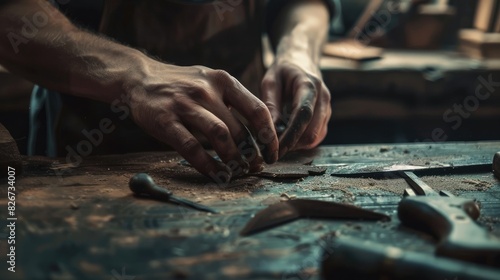 Close up of a shoemaker or artisan worker hands. Leather craft tools on old wood table.