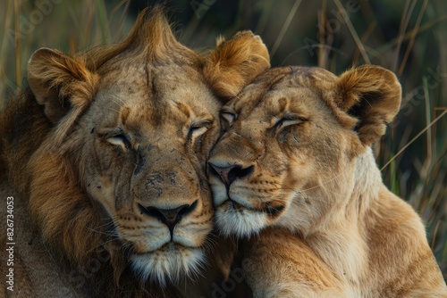 Intimate moment of a male and female lion showing affection towards each other