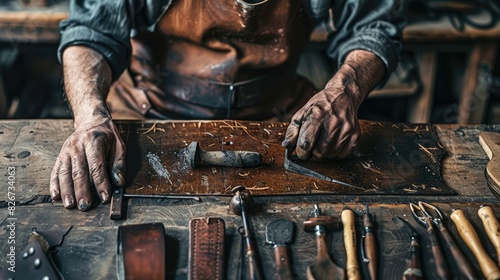 Close up of a shoemaker or artisan worker hands. Leather craft tools on old wood table. photo