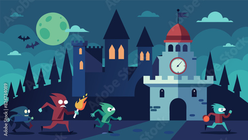 A race through a haunted castle avoiding s set by ghosts and goblins while trying to beat the clock.. Vector illustration
