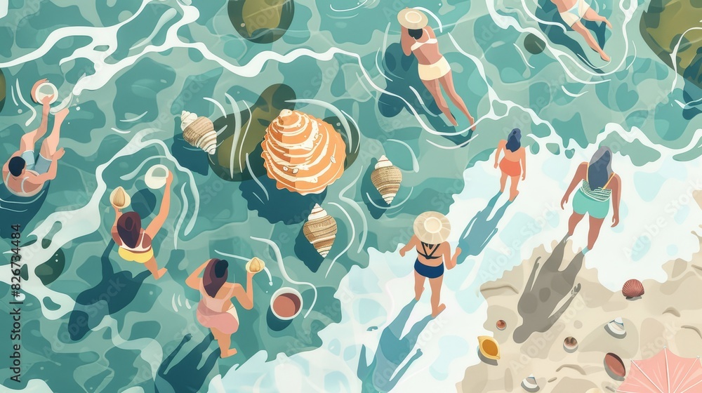Flat design animation of beachgoers collecting shells from a top view ...