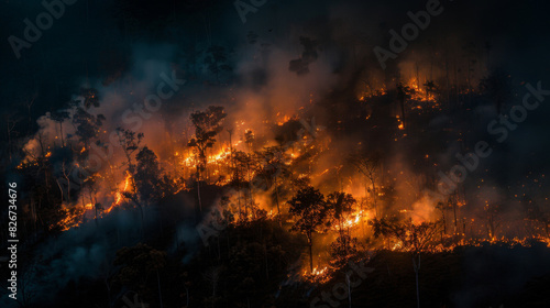 Forest consumed by raging wildfire during the nighttime hours photo