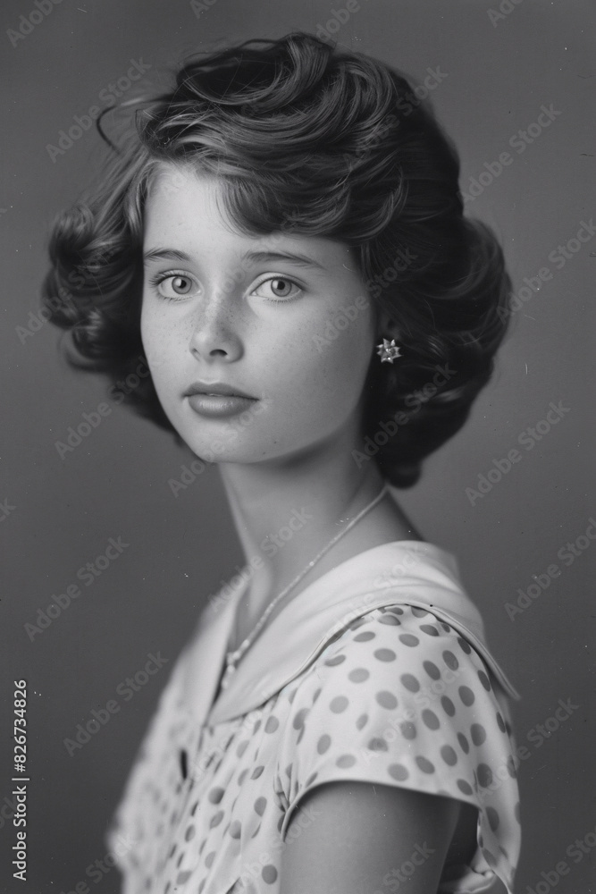 Fototapeta premium 1960s style black and white yearbook photo, passport photo of a beautiful young woman