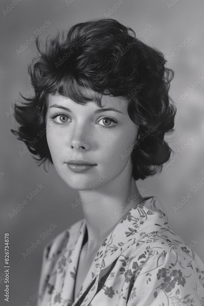 1960s style black and white yearbook photo, passport photo of a beautiful young woman
