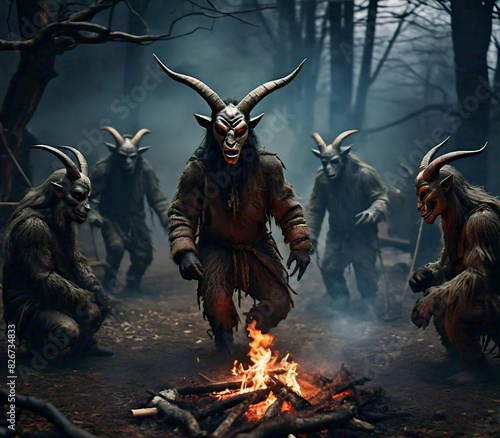 An army of humanoid demons with goat heads standing in front of a campfire in the forest photo