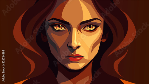 A portrait of a woman with dark brooding eyes painted with thick expressive brushstrokes of burnt sienna and gold.. Vector illustration