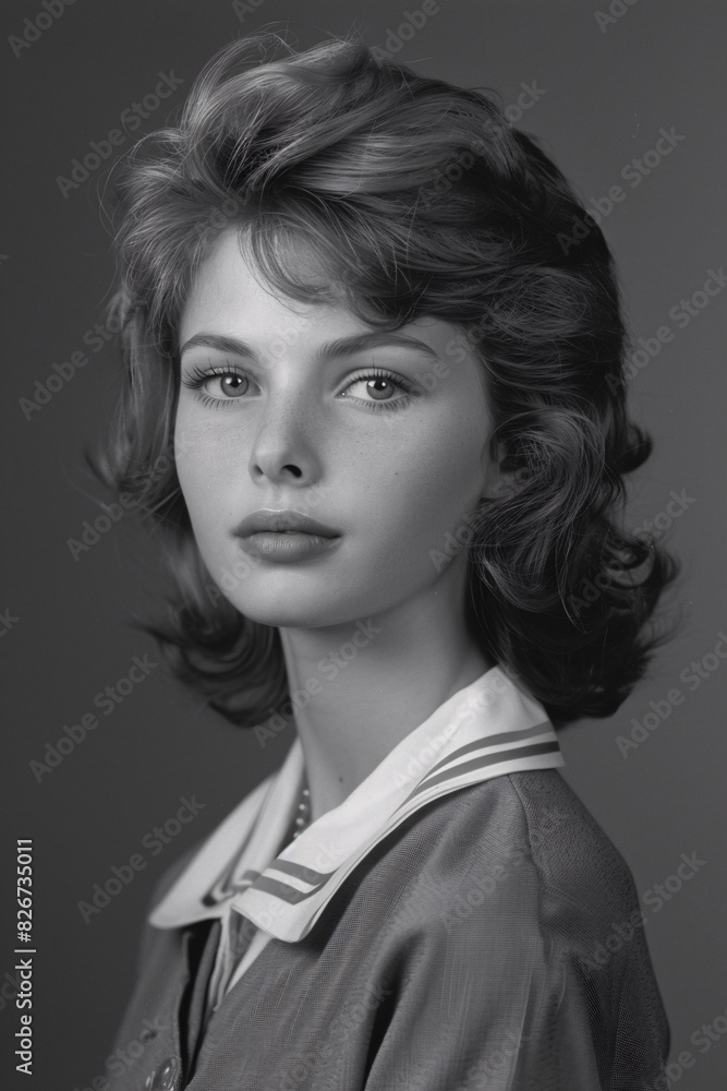 1960s style black and white yearbook photo, passport photo of a beautiful young woman
