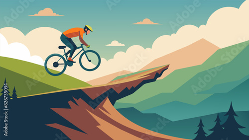 With a leap and a twist the biker completes a daring jump over a ravine on the VR mountain bike trail landing perfectly on the other side.. Vector illustration