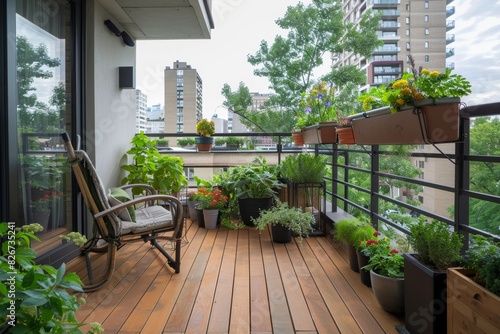 A balcony with wooden flooring, featuring potted plants and outdoor furniture. The setting includes an armchair on the left side of the photo, plants displayed in pots placed around it.