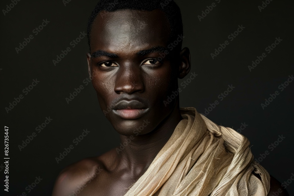 Obraz premium A closeup of an african man with intense gaze against a dark background