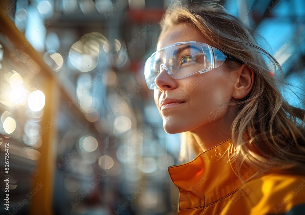Confident Female Engineer in Protective Gear Working in a Modern Industrial Facility Confident Female Engineer in Protective Gear Working in a Modern Industrial Facility
