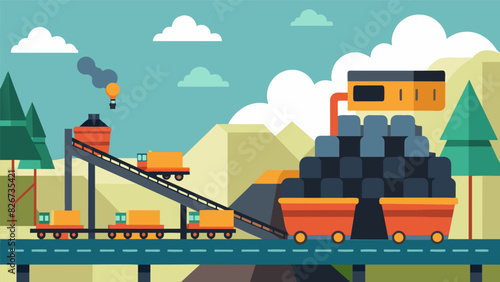 The conveyor belt ss its way through the bustling plant carrying the weight of thousands of tons of coal every day.. Vector illustration