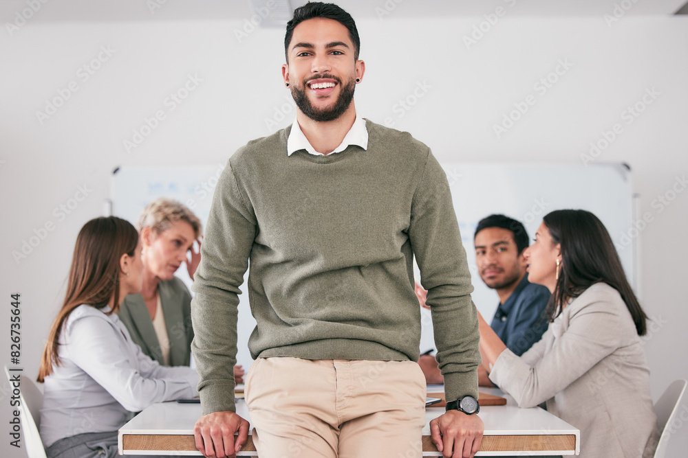 © peopleimages.com - Businessman, portrait and team meeting in office for brainstorming, ideas and planning with smile. Male person, foreground and collaboration as group, people and workplace as sales consultant in firm
