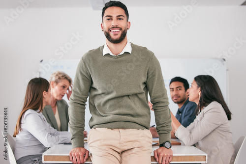Businessman, portrait and team meeting in office for brainstorming, ideas and planning with smile. Male person, foreground and collaboration as group, people and workplace as sales consultant in firm photo