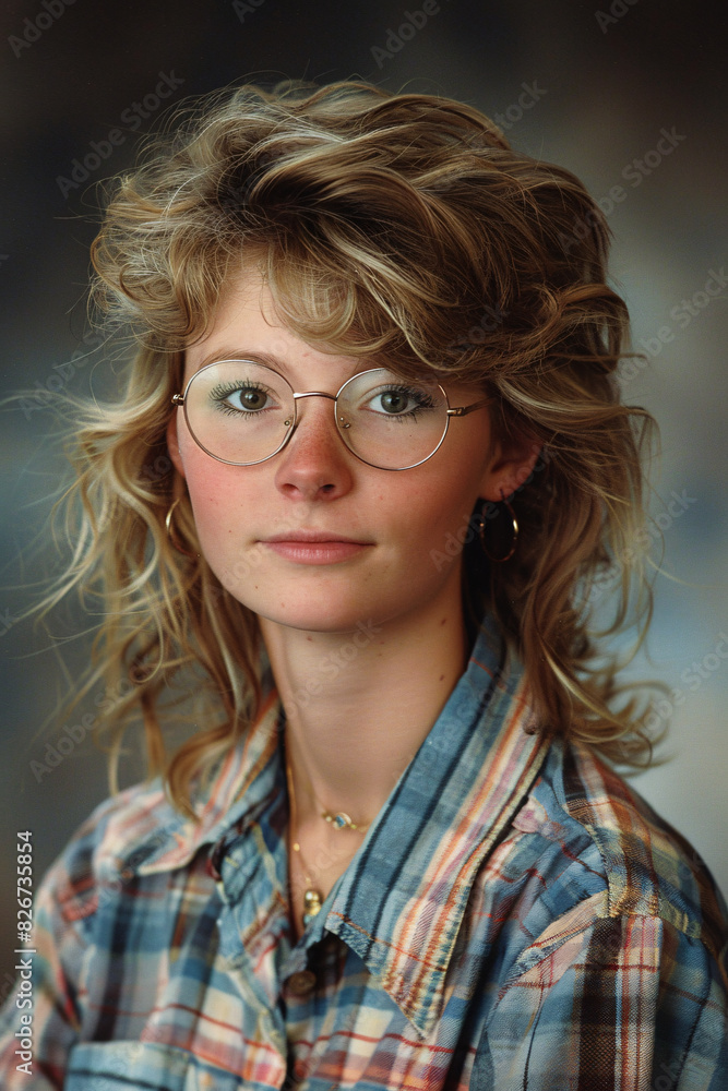90s style yearbook photo or passport photo of a young blond woman with glasses 90s style yearbook photo or passport photo of a young blond woman with glasses