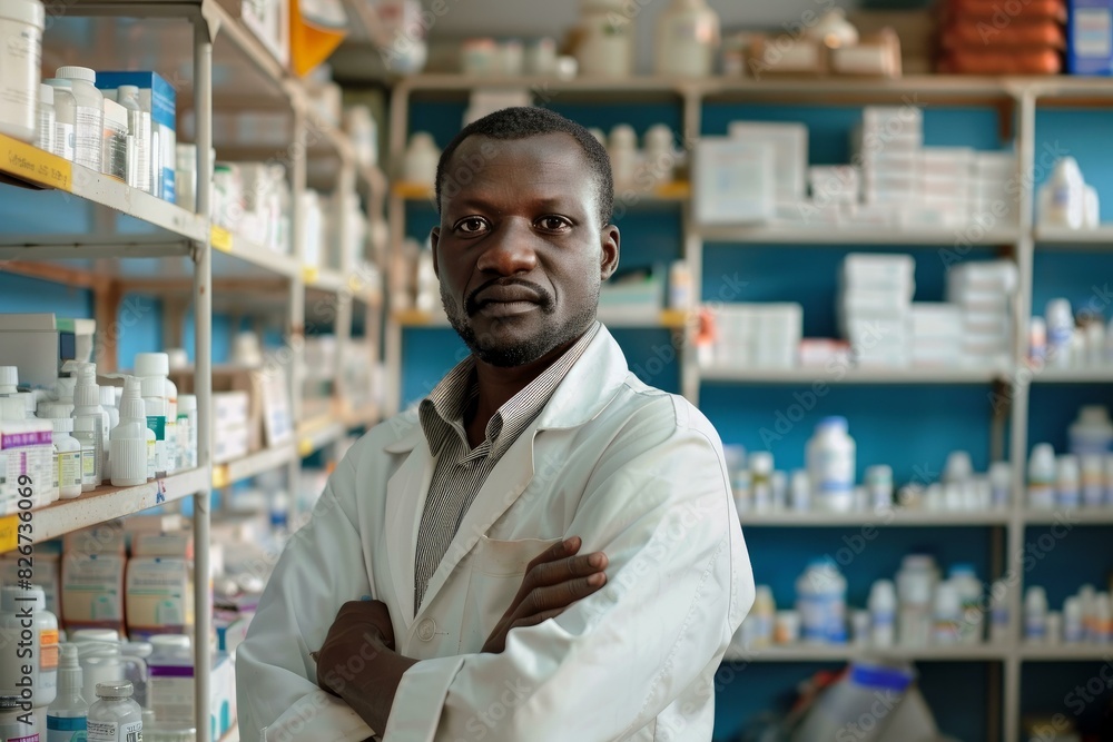 Portrait of a professional male pharmacist standing with arms crossed in a wellstocked pharmacy