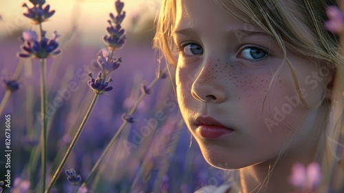 A young girl with electric blue eyelashes is gently smelling violet flowers in a field  surrounded by the sweet music of nature. Each petal tickles her jaw as she takes in the serene event AIG50