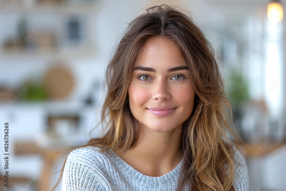 Smiling Young Woman with Long Hair Relaxing at Home on a Sunny Day