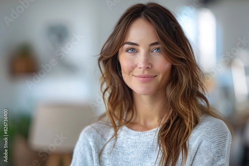Smiling Woman with Long Brown Hair in Cozy Light Sweater at Home