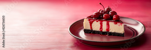 Quadro em tela Slice of Cherry Cheesecake on a Plate with a Red to Cream Gradient Background