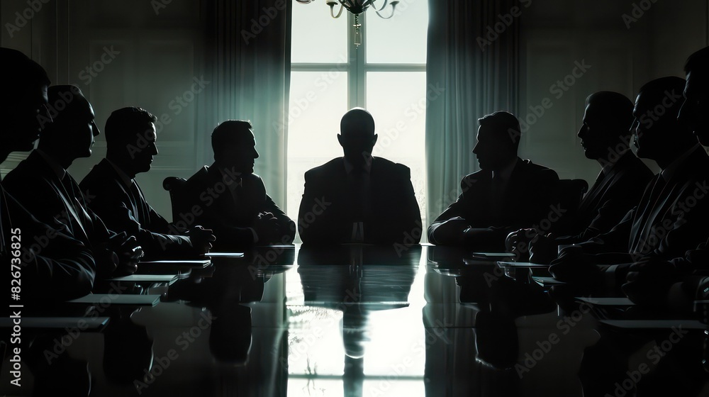 A shadowy group of men in suits sit around a conference table., A shadowy group of men in suits sit around a conference table.,