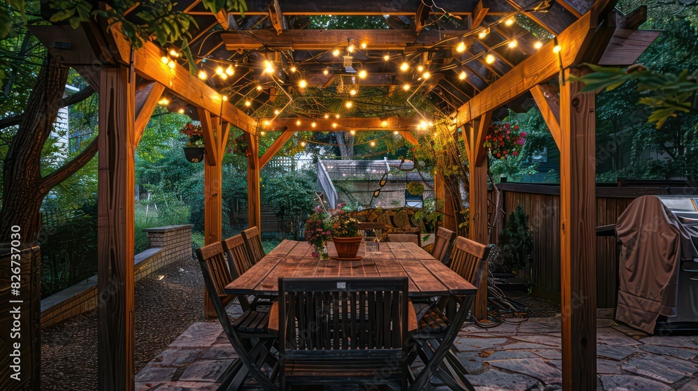A wooden table and chairs are arranged neatly under a gazebo adorned with string lights, creating a cozy and inviting outdoor dining area, A wooden table and chairs are arranged neatly under a gazebo adorned with string lights, creating a cozy and inviting outdoor dining area,