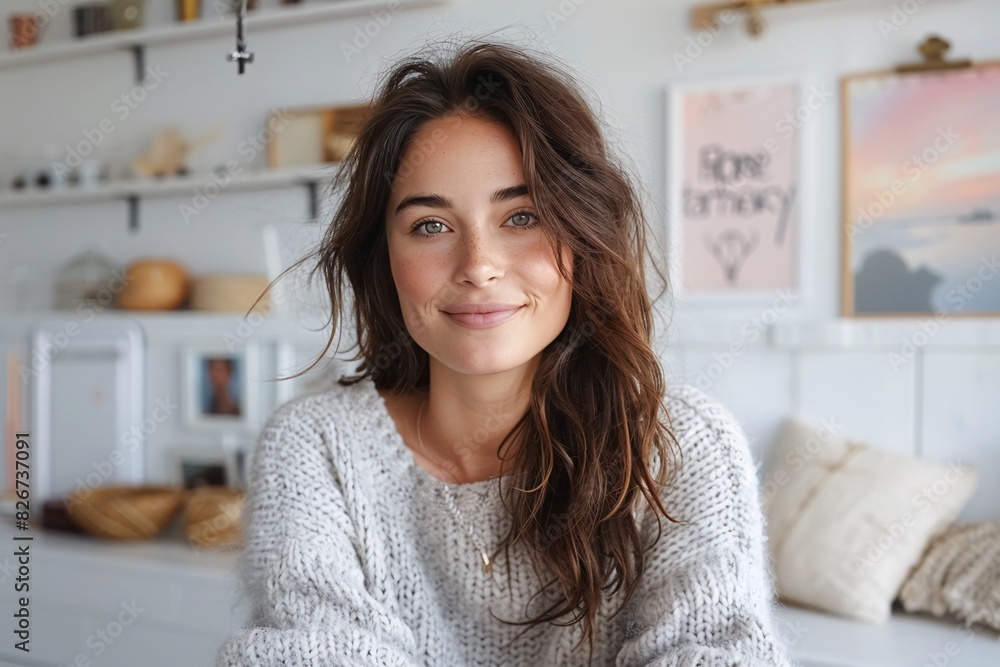 Young Woman in Cozy Sweater Relaxing in Modern Minimalist Living Room with Soft Lighting Young Woman in Cozy Sweater Relaxing in Modern Minimalist Living Room with Soft Lighting