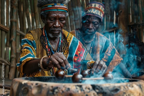 Two african elders in traditional attire engaged in a cultural ritual with smoke and artifacts