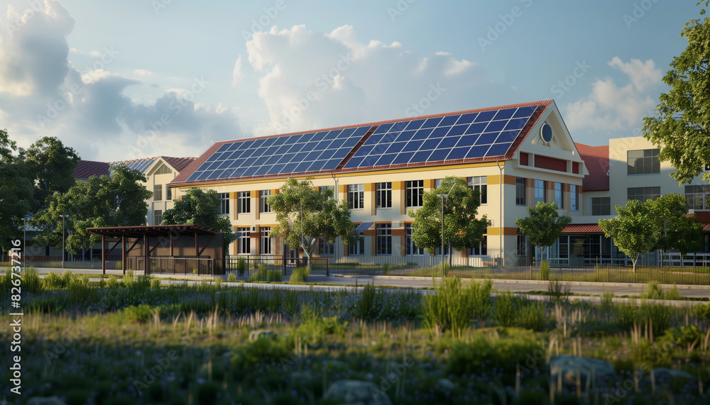Solar Panels on School Roof in Green Suburban Area with Copy Space Solar Panels on School Roof in Green Suburban Area with Copy Space