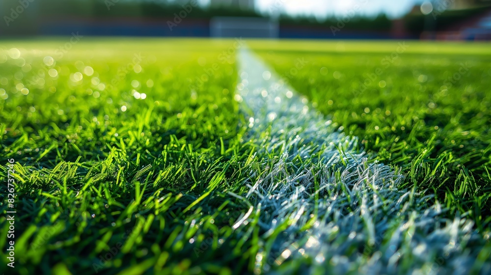 Macro Shot of Fresh Green Soccer Field with Visible White Line Marking