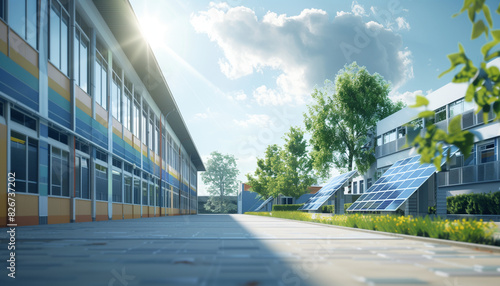 Solar Panels in Modern School Courtyard with Copy Space