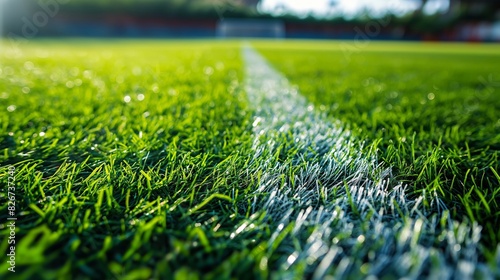 Macro View of Newly Mown Soccer Field Grass with White Line Marking © fotogurmespb