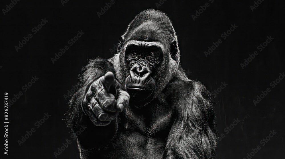 Animated dancing gorilla pointing at the camera with one paw,Scratch board imitation in black and white., Animated dancing gorilla pointing at the camera with one paw,Scratch board imitation in black and white.,