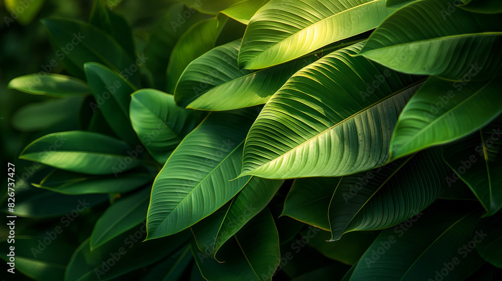 Fototapeta premium Detailed Close Up View of Sunlit Tropical Leaves with Rich Green Tones